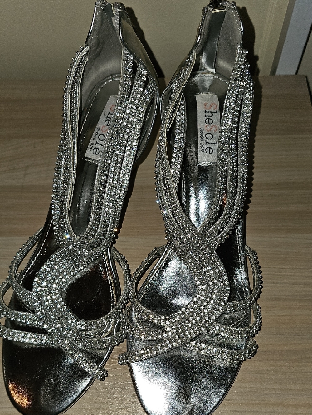SheSole Silver Rhinestone Strappy Kitten Heels